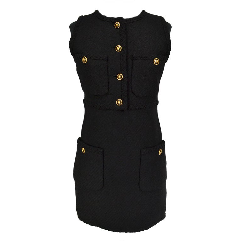 Chanel 60's Black Wool Tweed Sleeveless Dress