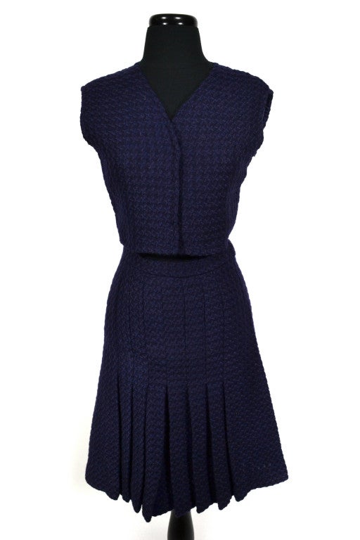 Chanel 70's Haute Couture Navy Shearling Skirt Suit 4