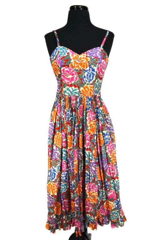 Ungaro vintage multi-color floral print cotton dress. Pleating at bottom and spaghetti strap