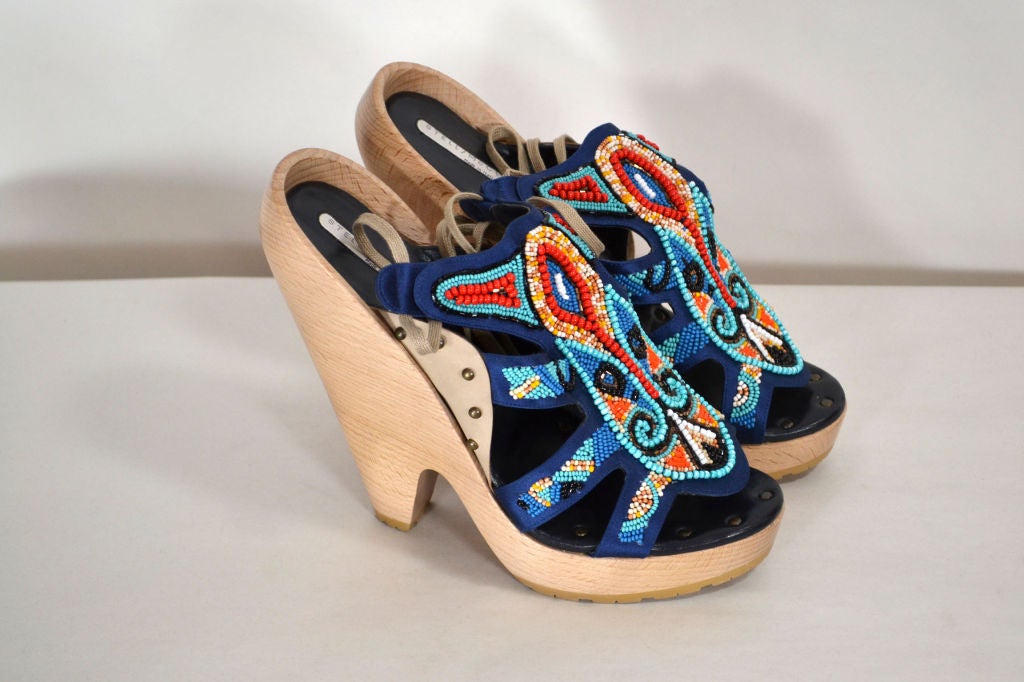 Extremely rare Stella McCartney beaded sandals with wooden wedge.