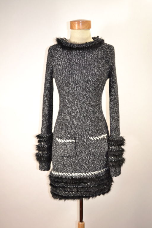 Wonderful gray and white tweed dress with frayed detail on sleeve neck and hem line.