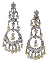 Natural Pearl and Diamond Chandelier Earrings