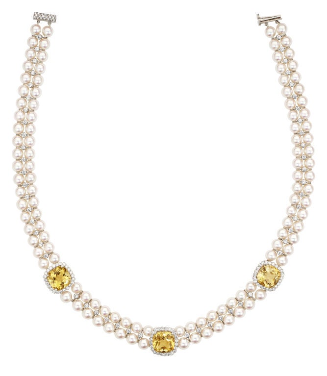 Carnival Citrine Diamond and Pearl Necklace