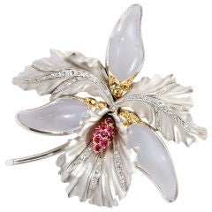 Vintage Ruby, Moonstone and Diamond Orchid Brooch
