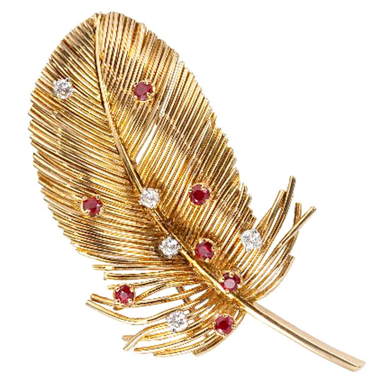 BOUCHERON Ruby and Diamond Feather Brooch For Sale