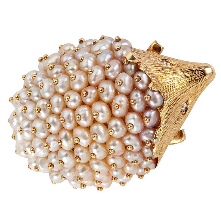 Pearl and Gold Hedgehog Brooch For Sale