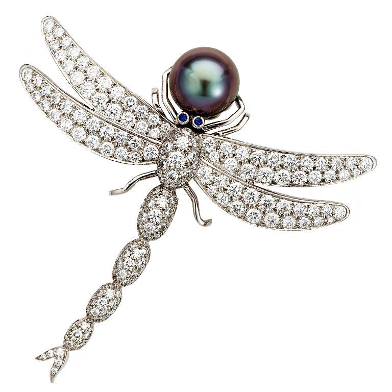 TIFFANY Pearl and Diamond Dragonfly Brooch For Sale