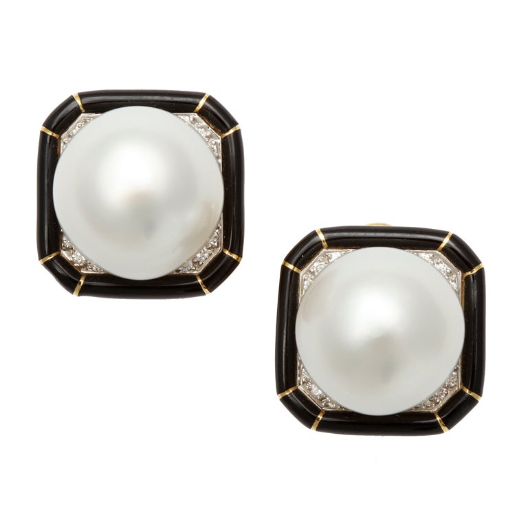 DAVID WEBB South Sea Cultured Pearl & Diamond Earrings For Sale