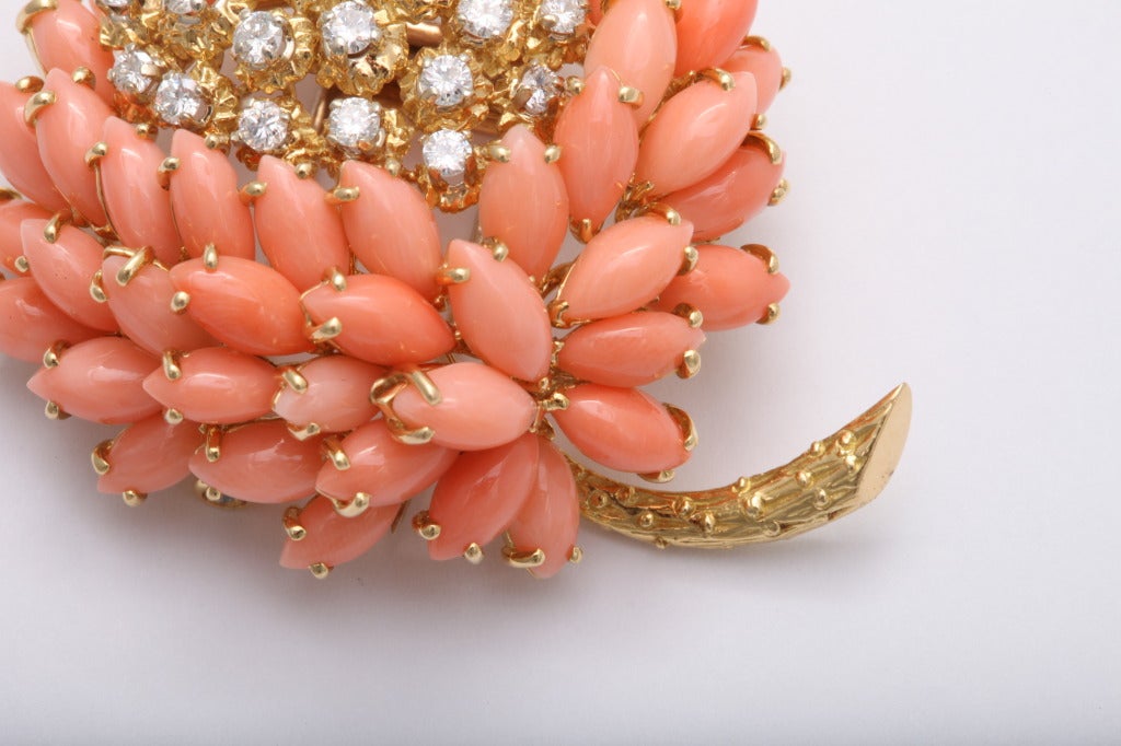 Van Cleef & Arpels Coral & Diamond Brooch In Excellent Condition For Sale In New York City, NY