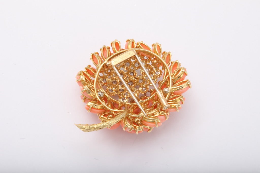 Van Cleef & Arpels Coral & Diamond Brooch For Sale 1