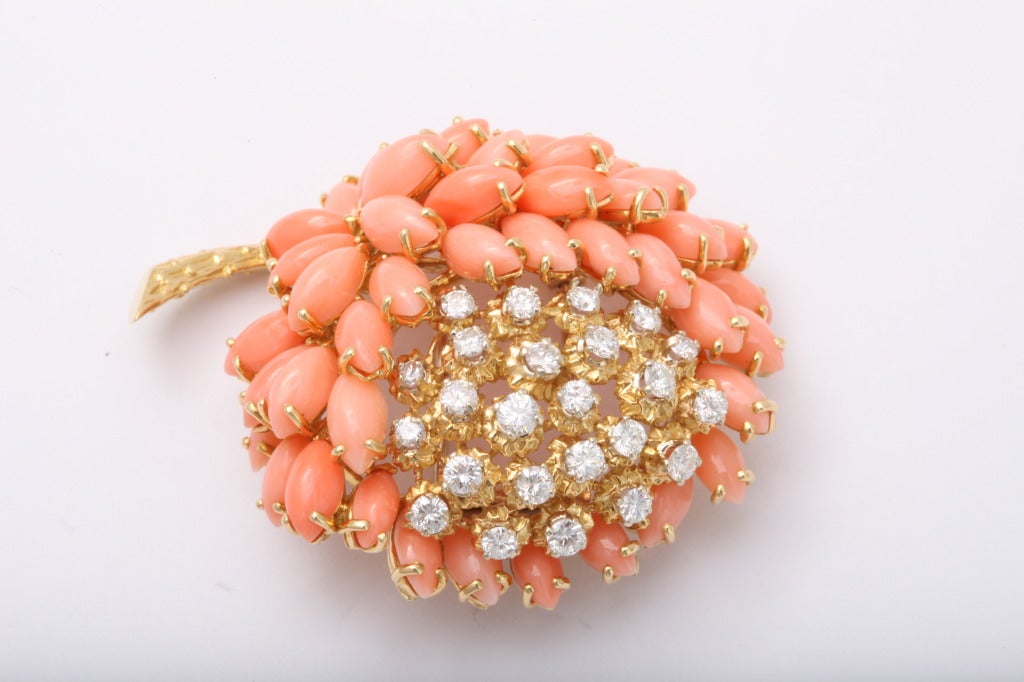 Van Cleef & Arpels Coral & Diamond Brooch For Sale 2
