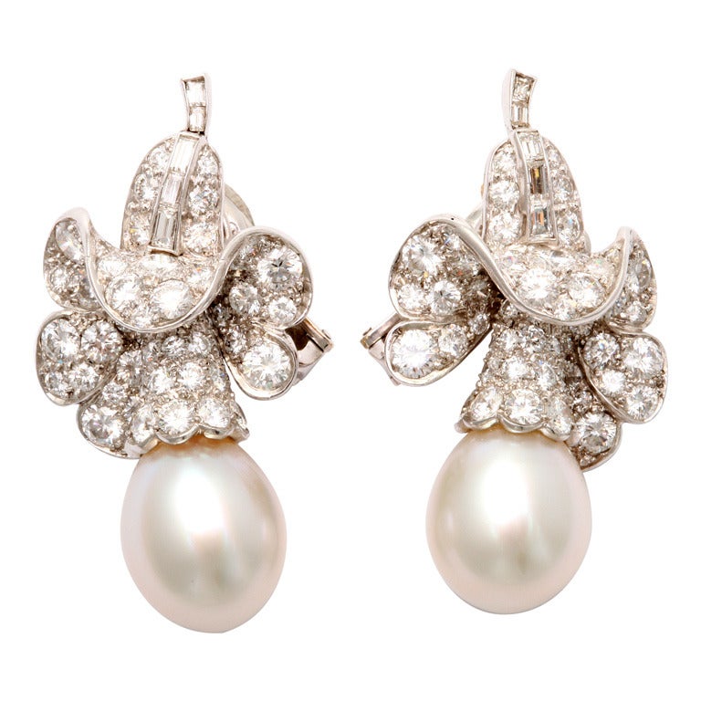 Van Cleef & Arpels Diamond and Pearl Drop Earrings For Sale