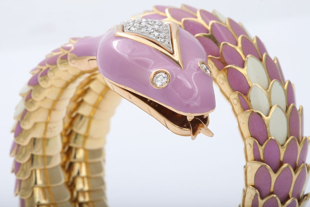 Wonderful pink and white enamel flexible diamond snake bracelet by Sabbadini.