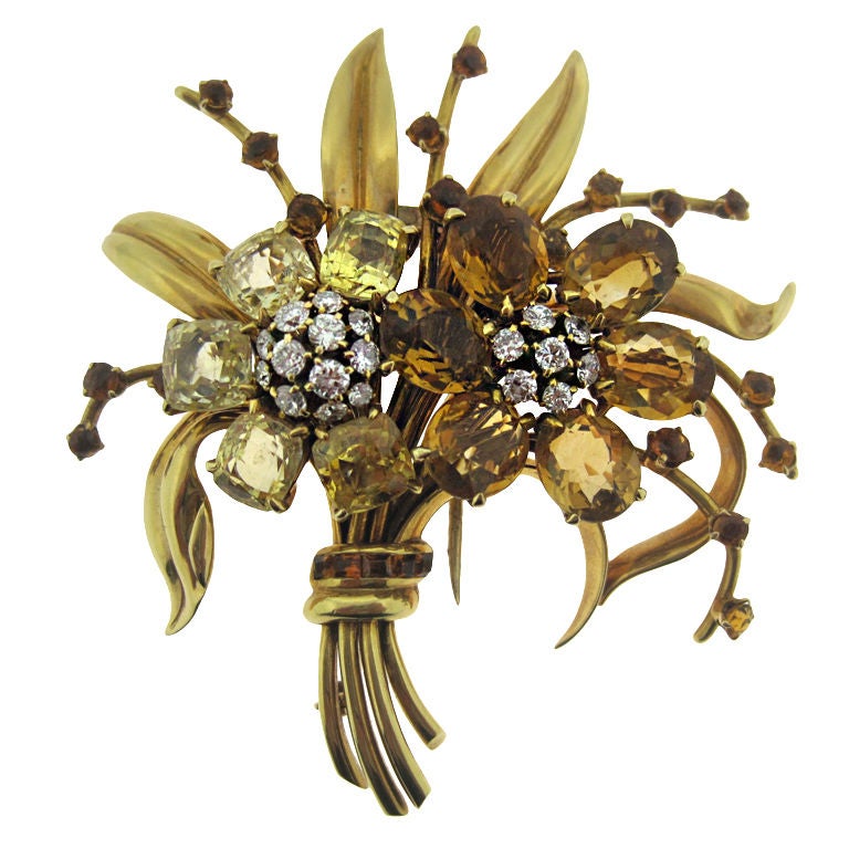 VAN CLEEF & ARPELS Sapphire, Diamond, Citrine Flower Brooch. For Sale
