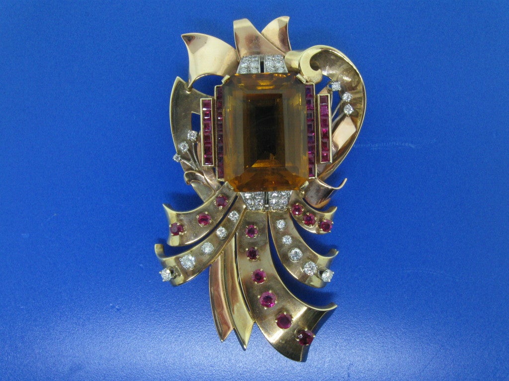 Large Extravagant Retro Ruby Diamond and Citrine Brooch