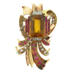 Large Extravagant Retro Ruby Diamond and Citrine Brooch