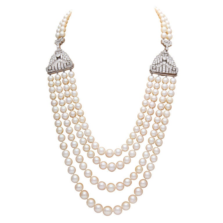 Four Strand Pearl  & Diamond Necklace For Sale