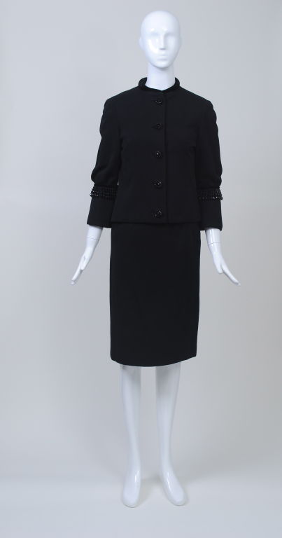 PEDRO RODRIGUEZ BLACK SUIT W/JET TRIM at 1stdibs