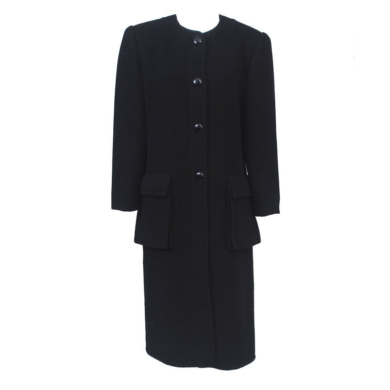 Galanos Black Wool Coat with Patch Pockets