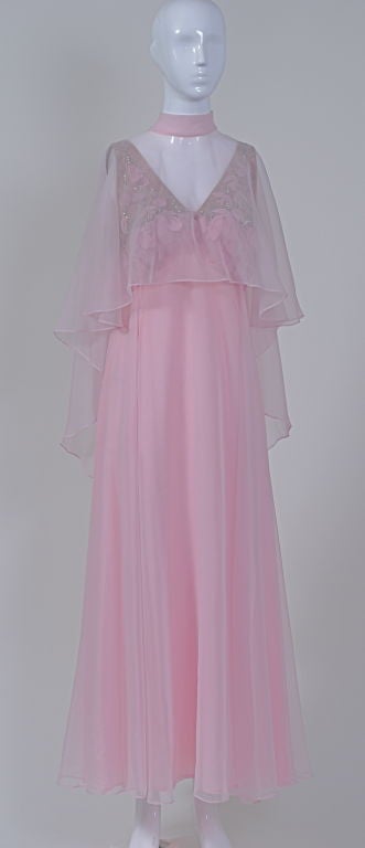 Purple Pink Chiffon Gown with Feathers and Capelet