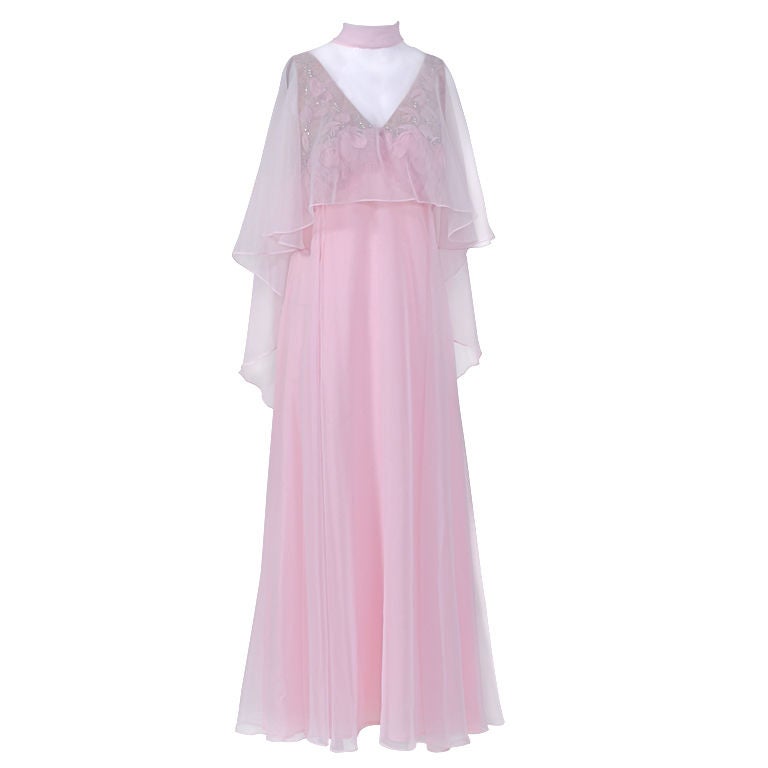 Pink Chiffon Gown with Feathers and Capelet
