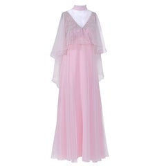 Vintage Pink Chiffon Gown with Feathers and Capelet