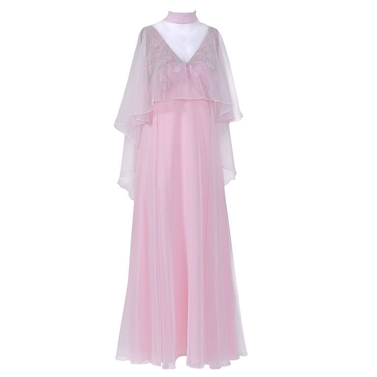 Pink Chiffon Gown with Feathers and Capelet at 1stDibs chiffon
