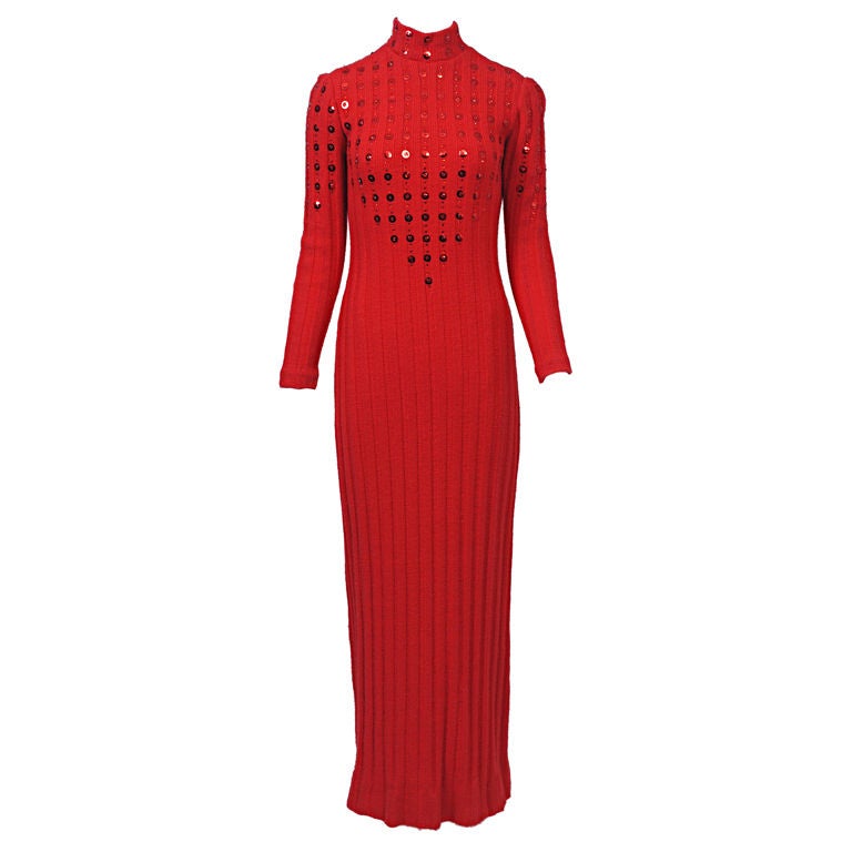 Red Maxi Sweater Dress with Paillettes For Sale at 1stDibs