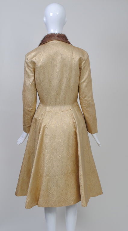 Women's ESTEVEZ GOLD BROCADE C. 1960 DRESS W/MINK COLLAR
