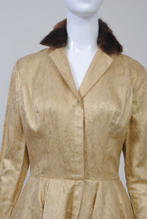ESTEVEZ GOLD BROCADE C. 1960 DRESS W/MINK COLLAR 1