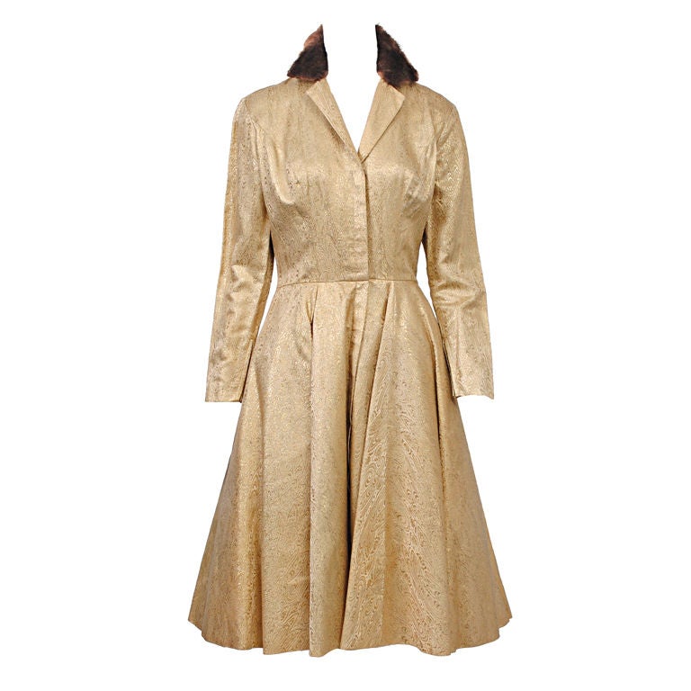 ESTEVEZ GOLD BROCADE C. 1960 DRESS W/MINK COLLAR