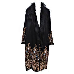 EMBROIDERED BLACK SILK 1920s COAT WITH FUR COLLAR