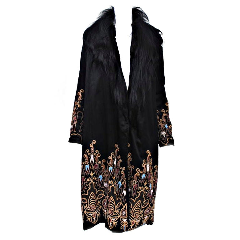 EMBROIDERED BLACK SILK 1920s COAT WITH FUR COLLAR at 1stdibs