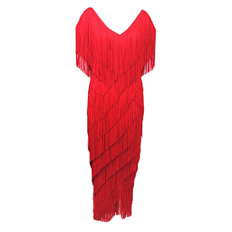 Wayne Clark Fringed Red Evening Dress
