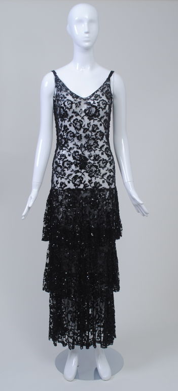 Women's BLACK TIERED LACE AND SEQUIN 1930S DRESS