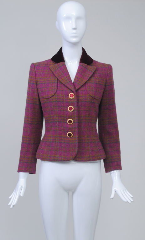 YSL RASPBERRY PLAID BLAZER MIT VELVET COLLAR