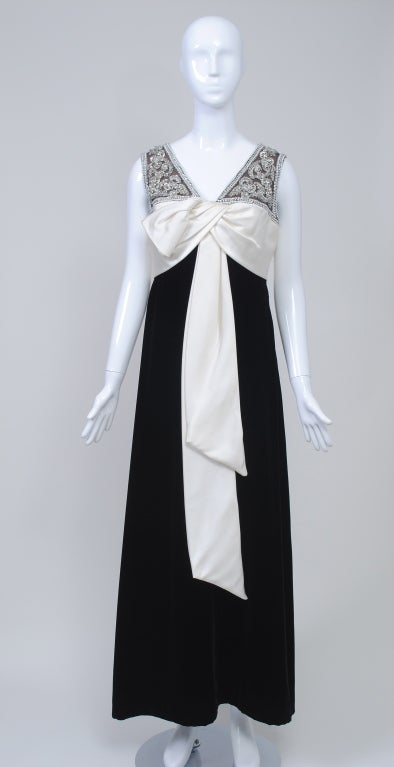 BLACK VELVET/WHITE SATIN GOWN WITH BEADING