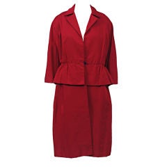 RONALD AMEY RED SILK FAILLE COAT WITH PEPLUM