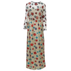 GALANOS FLORAL PRINT SILK AND EMBROIDERED GOWN