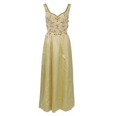 CELERY SILK 1960S GOWN WITH BEADED BODICE