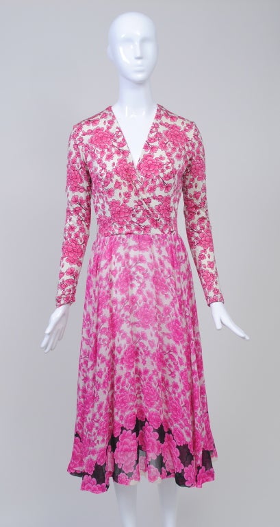 La Mendola, founded by two Americans in Rome, produced beautiful silk jersey and chiffon garments in vivid prints during the 1960s and '70s. Here is an example of one of their floral prints in a calf-length dress that evokes Spring. The dress is in