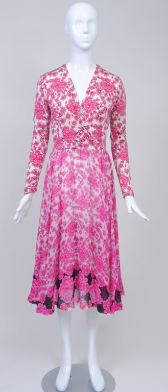La Mendola Fuchsia Print Jersey And Chiffon Dress In Excellent Condition In Alford, MA
