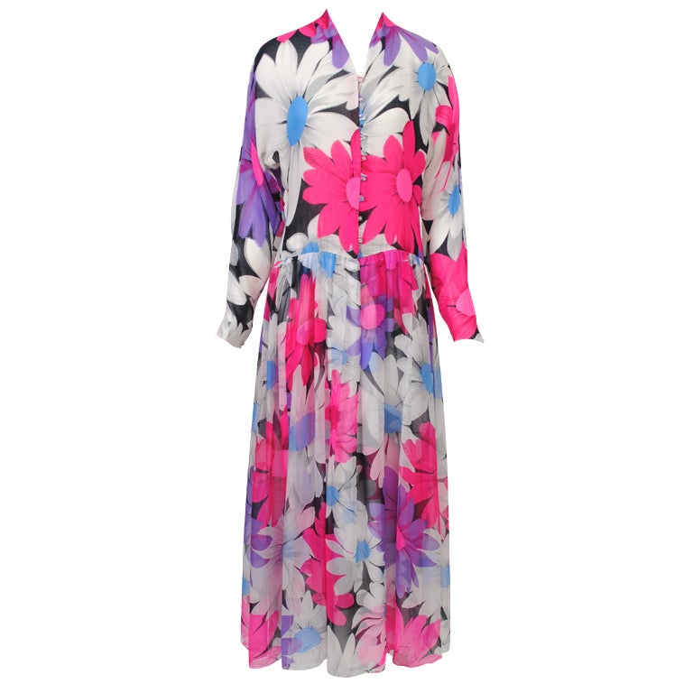 Hanae Mori Floral Print Chiffon Dress at 1stdibs