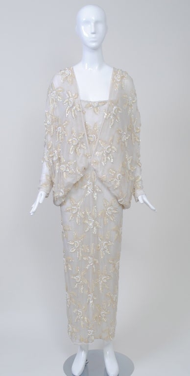 White Sequined Chiffon 1980s Dress at 1stDibs