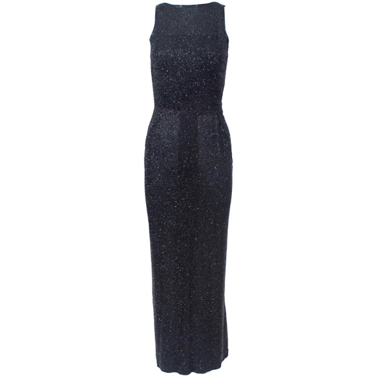 Black Beaded 1960s Fitted Gown For Sale