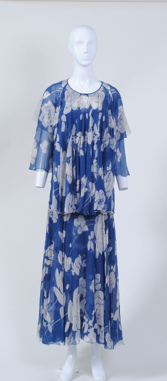 GALANOS PRINT CHIFFON DRESS AND CAPELET/JACKET 2