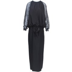 BILL BLASS BLACK BLOUSON GOWN WITH LACE SLEEVES