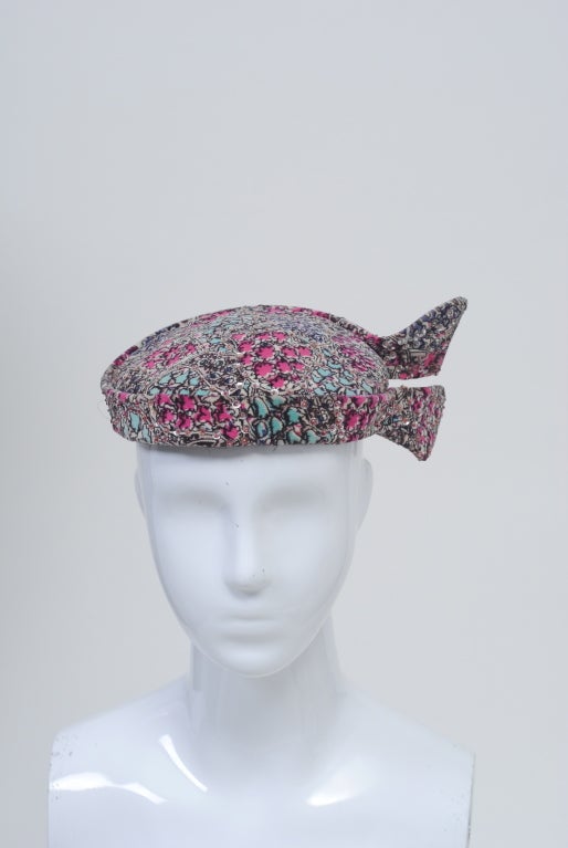 Gray Print Velvet hat with Sequins For Sale