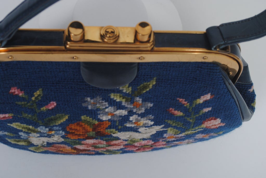 BLUE NEEDLEPOINT HANDBAG W/RABBITS For Sale at 1stdibs