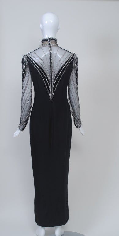 Bob Mackie Black Gown W/Beaded Illusion Bodice In Excellent Condition In Alford, MA